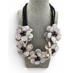 Artisan Glass Flower Statement Necklace Black Faceted Glass Beads
